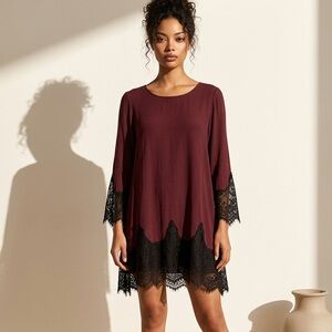 May & July Maroon Black Lace Shark bite Dress